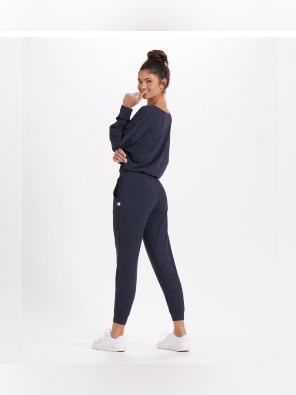 VUORI Lux Indigo Heather Blue V-Neck Long Sleeve Jumpsuit